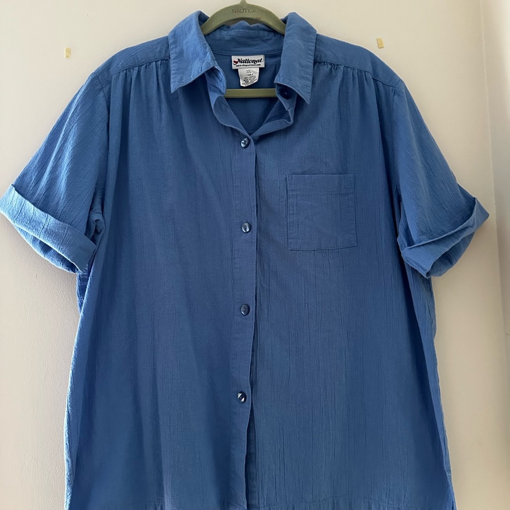 Blue Casual Button Down Shirt Short Sleeve Lightweight